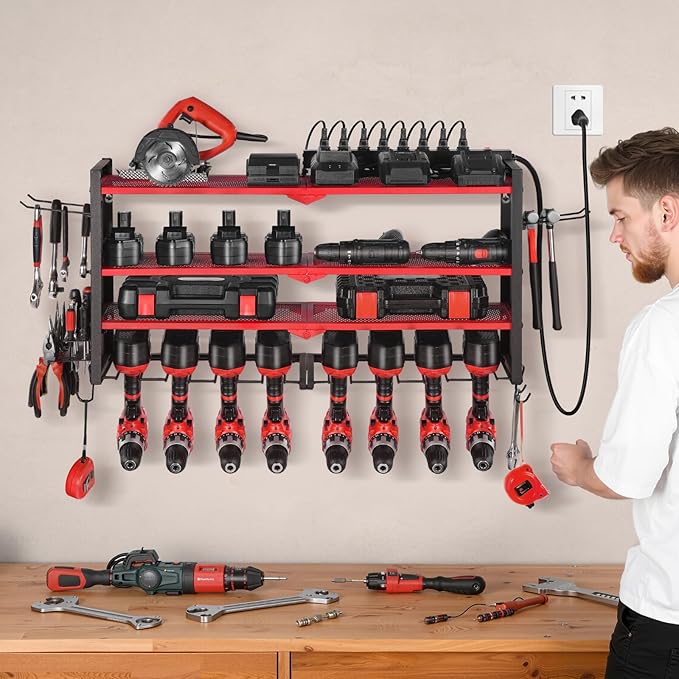VEVOR Power Tool Organizer with Charging Station, 4-Layer Drill Storage Rack with 8 Drill Holders & Side Pegboard, Garage Too