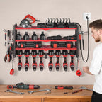 VEVOR Power Tool Organizer with Charging Station, 4-Layer Drill Storage Rack with 8 Drill Holders & Side Pegboard, Garage Too