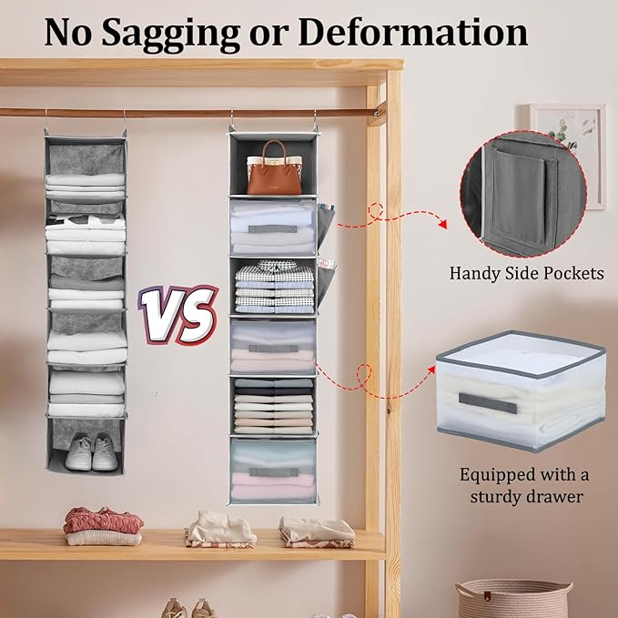 6-Tier Hanging Closet Organizer with 3 Drawers and Side Pockets – Multi-Functional Storage for Shoes, Belts, Purses, and Clot