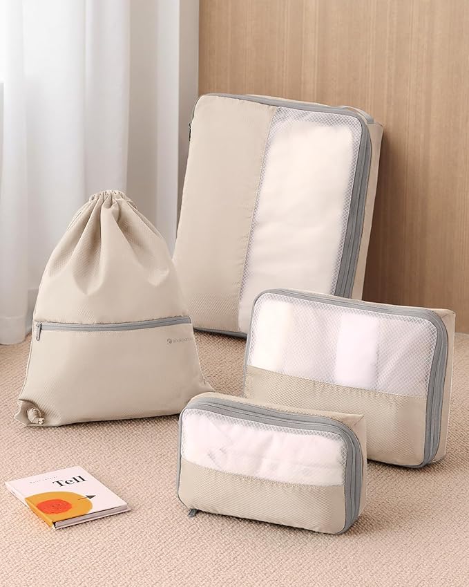 4 Set Compression Packing Cubes for Travel, Bonus Versatile Drawstring Backpack, Lightweight Luggage Organizer Bags, Sturdy T