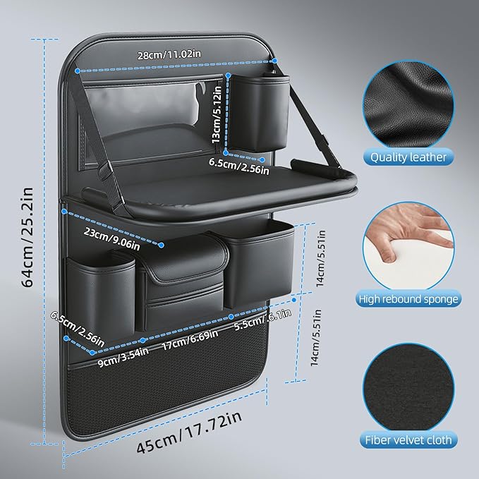 2 Pack Leather Car Backseat Organizer with Foldable Table Tray, Car Storage Organizer with Tablet Holder, Car Seat Back Protectors Kick Mats Travel Accessories