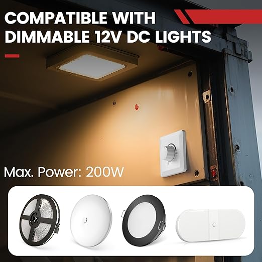 GZV 12V Dimmer Switch, 200W PWM Dimmer Switch - Adjustable Brightness for LED, Halogen, Incandescent & Strip Lights - Compatible with RV, Auto, Truck, Marine, White