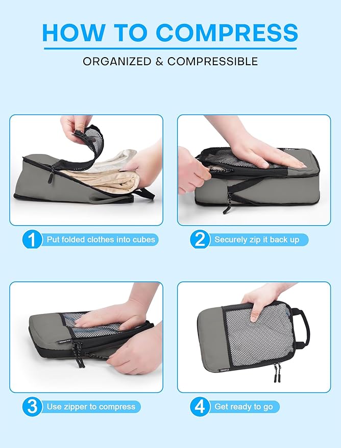 4 PCS Set Compression Packing Cubes for Travel, Lightweight Packaging Organizer Bags for Carry On Space Saving, Travel Essent