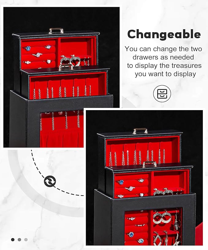 Homde Jewelry Organizer Girls Women Jewelry Box for Necklaces Rings Earrings Gift Bracelets Storage Case (Black + Red + Gold)