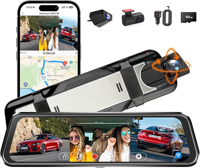 3 Channel Mirror Dash Cam with 4K+Inside 1080P+ 1080P 10 Inch Triple Rearview Mirror Camera, Night Vision, G-Sensor, Reverse 