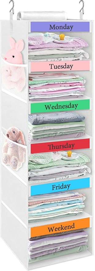 punemi Weekly Clothes Organizer for Kids, 6-Shelf Hanging Closet Storage with Side Pockets, Days of The Week Design, 11.8" x 