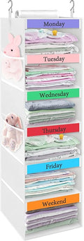 punemi Weekly Clothes Organizer for Kids, 6-Shelf Hanging Closet Storage with Side Pockets, Days of The Week Design, 11.8" x 