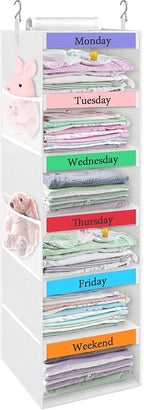 punemi Weekly Clothes Organizer for Kids, 6-Shelf Hanging Closet Storage with Side Pockets, Days of The Week Design, 11.8" x 