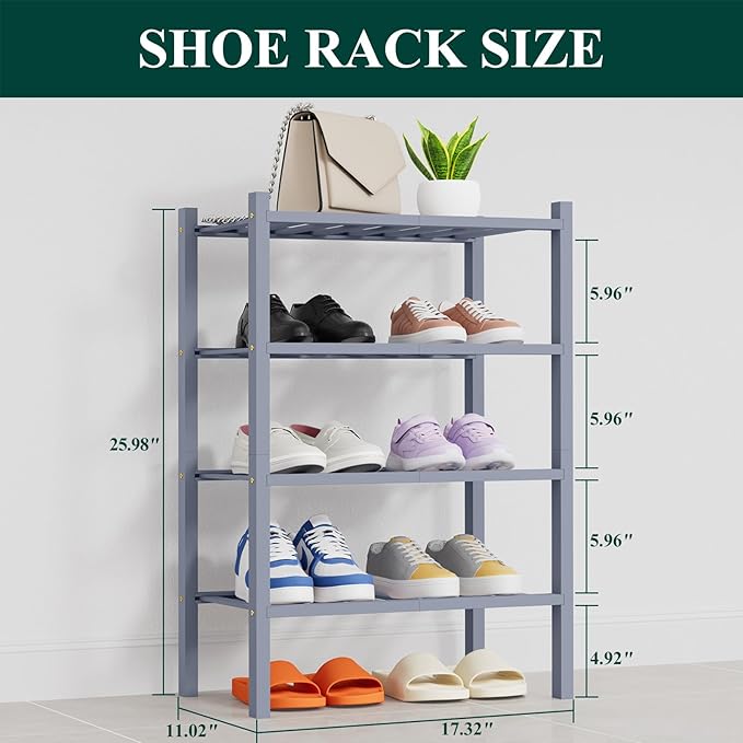 Smiry Shoe Rack, 4 Tier Thick Small Bamboo Shoe Organizer, Stackable Free Standing Wooden Shoe Storage Shelf for Closet, Entr