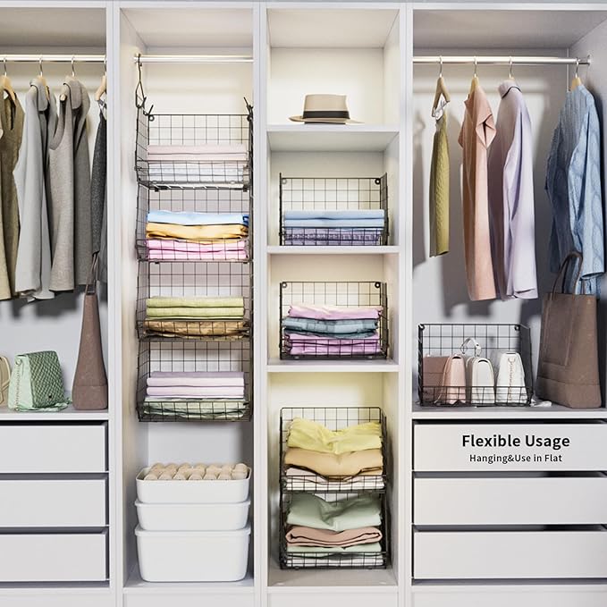 4 Tier Closet Hanging Organizer, Closet Organizers and Storage with 5 S Hooks, Closet Hanging Shelves & Freestanding Wire Sto