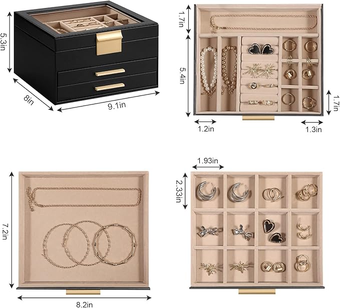 Somduy Jewelry Box Organizer for Women,3 Layers Jewelry Storage Display Box with Glass Lid,Gift for Christmas,3 Drawers,Large