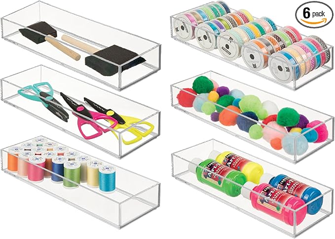 iDesign Plastic Makeup Drawer Organizer Tray - Vanity Organizer or Desk Drawer Organizer - Set of 6 - Clear