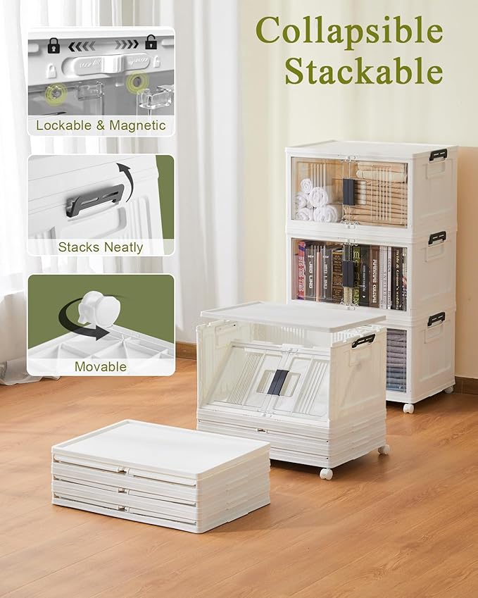 OlarHike 144QT Lockable Storage Bins with Lids - Folding Storage Cabinet with Doors and Wheels, Collapsible Plastic Box for C