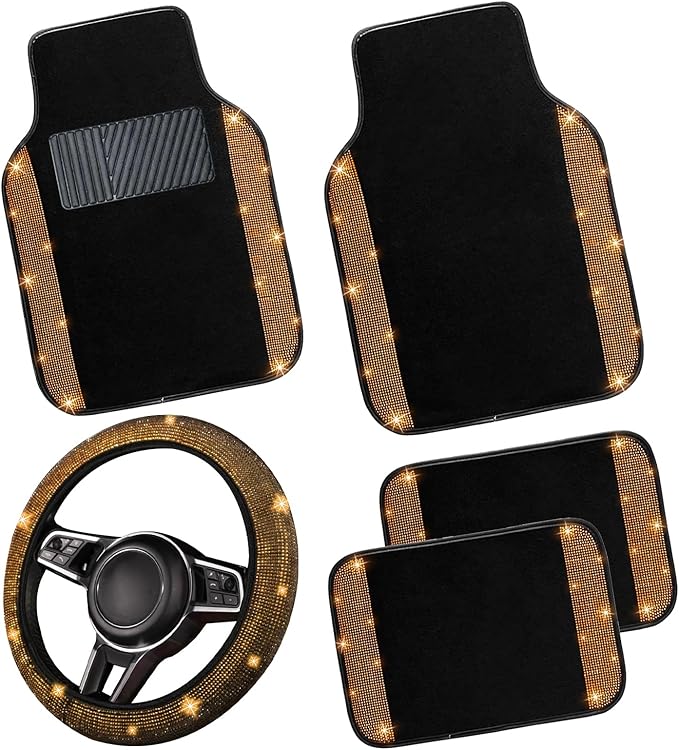 NBTEPEM Bling Car Floor Mats Full Set and Steering Wheel Cover, Universal Fit Most Cars, 4 pcs Sparkle Glitter Diamond Carpet, 5 pcs Bling Car Accessories Set for Women (Orange Diamond)