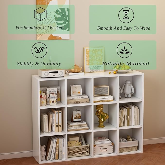 OSCHF 12-Cube Storage Shelf Bookcase - Wooden 3-Tier Floor Standing Open Bookshelf for Home and Office, Display Cabinet, Warm