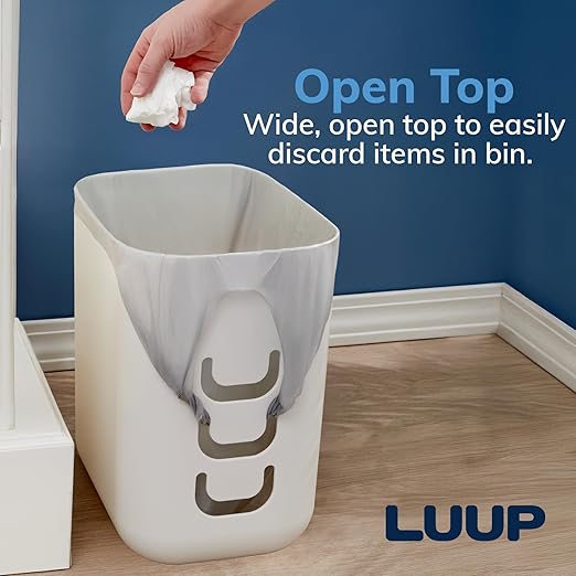 STORi Luup Bathroom Wastebasket 2pk, Secure Grocery Bags, Plastic Garbage Container for Vanity, Laundry Room, Kitchen, Office, 2.5 Gallon, White, Made in USA