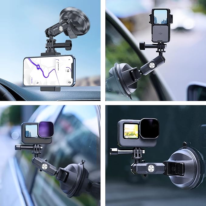 TELESIN Car Mount Suction Cup with Phone Holder, Outside Inside Windshield Window Dashboard Attachment for Go Pro Max Hero 13 12 11 10 9 8 Insta 360 X4 X5 DJI Action 3 4 5 pro 6 Pocket 3 Accessories