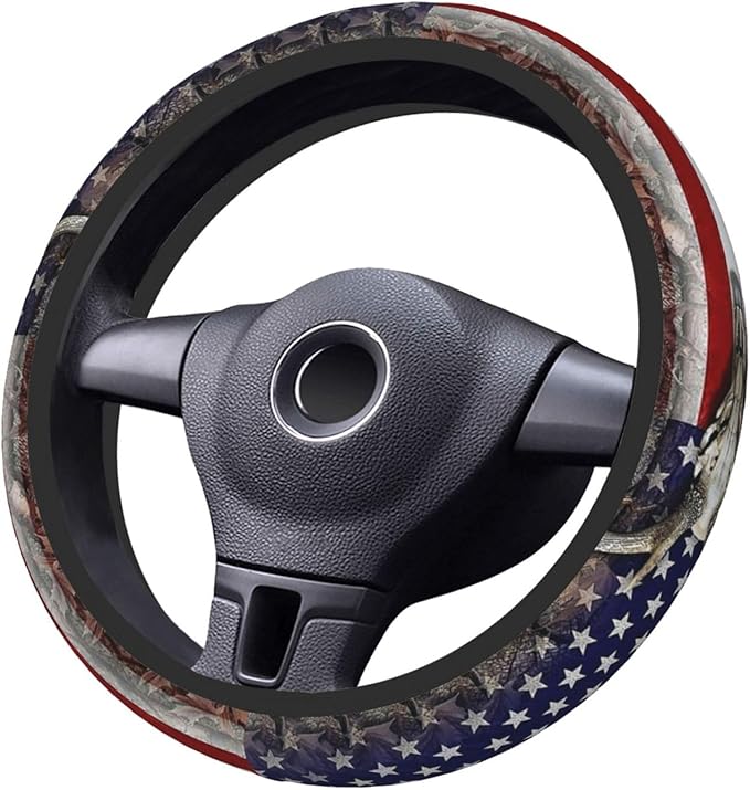 Camouflage Deer American Flag Steering Wheel Cover for Men, Anti-Slip Elastic Breathable Soft Rubber Car Steering Wheel Prote