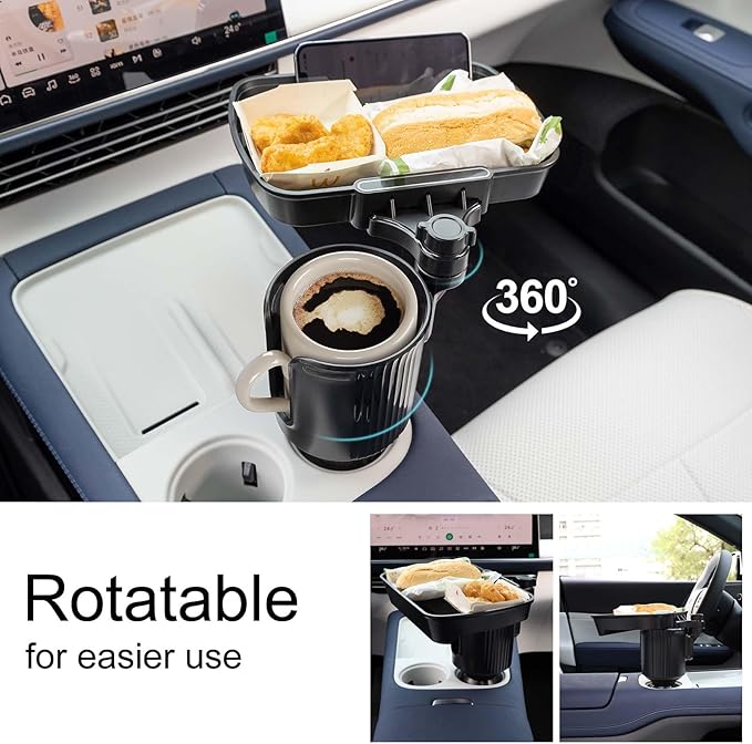 Car Large Cup Holder Expander, 2-in-1 Cupholder Extender with Swivel and Detachable Snack Food Tray Table for Eating, Travel 