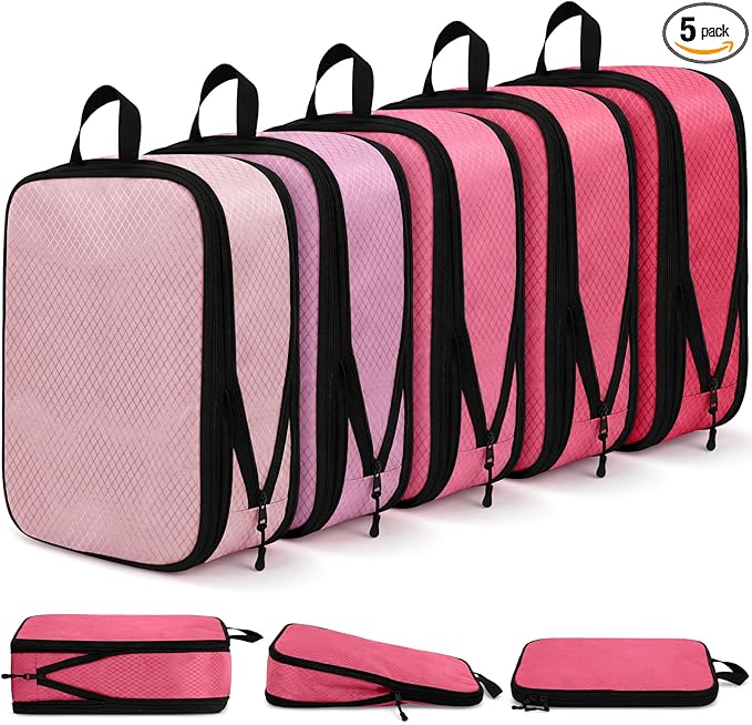 5 Pack Compression Packing Cubes for Travel Space Saving Cubes Luggage Organizer for Suitcase(Pink,M)