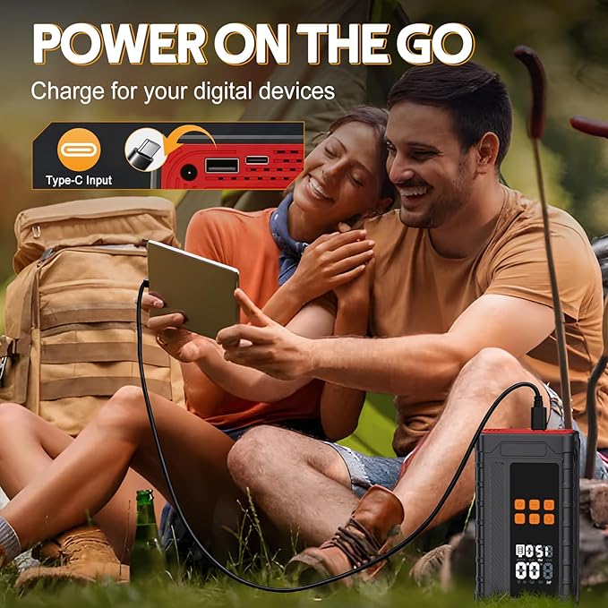 Portable Car Jump Starter with Air Compressor, 14.8V 2000 * 4mAh Battery Booster, 150PSI Tire Inflator, Power Bank & LED