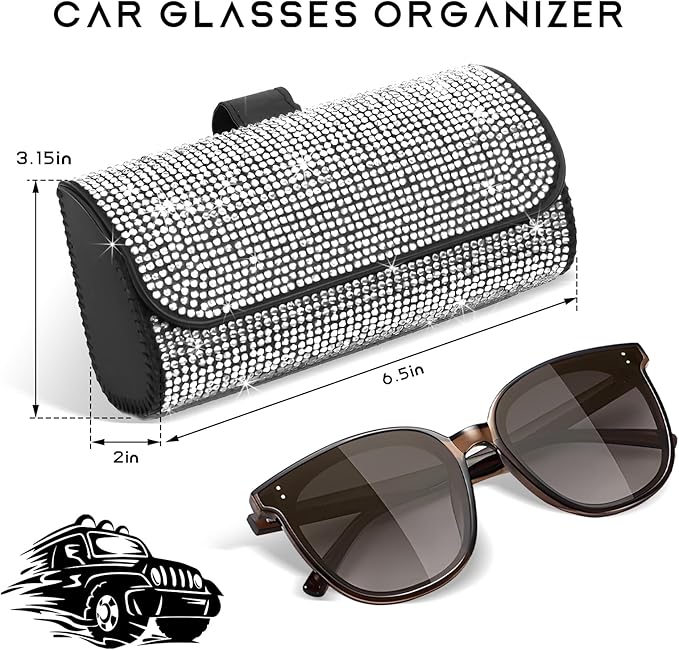 Sunglasses Holder for Car Sun Visor, Bling Leather Eyeglasses Visor Storage Case with Hidden Magnetic Closure, Sparkling Auto Visors Protective Organizer Storage Box (White)
