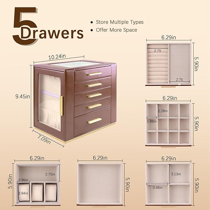 Homeanda Jewelry Box for Women with Glass Lid, 5 Drawers Jewelry Organizer and Storage for Necklaces, Rings, Earrings, Bracel