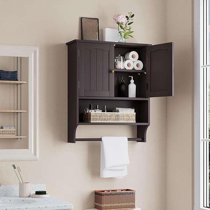 Smuxee Brown Wall Cabinet with Towel Bar - Medicine Cabinet with Adjustable Shelves, Over Toilet Cabinet for Laundry Room