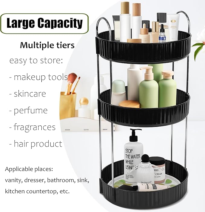 Rotating Makeup Organizer Countertop 3 Tier Lazy Susan Trays Spinning Skincare Perfume Storage for Bathroom Counter Vanity, B