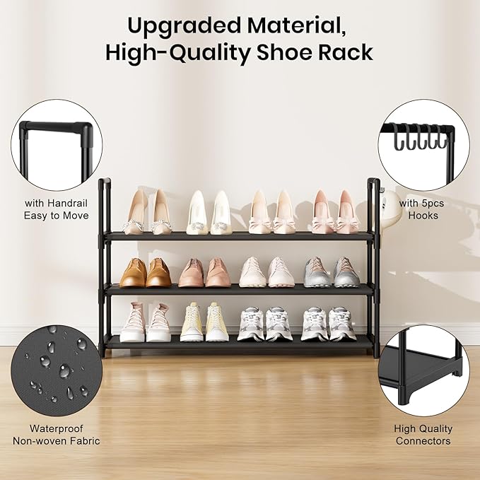VILICK Shoe Rack for Closet Shoe Organizer Space Saver Storage for 12-15 Pair Shoe Shelf with Hook Free Standing 3 Tier Shoe 