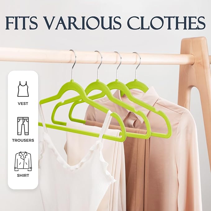 HOUSE DAY Vibrant Green Velvet Hangers 60 Pack, Non Slip Clothes Felt Hanger Heavy Duty for Coat, Premium Slim Space Saving S