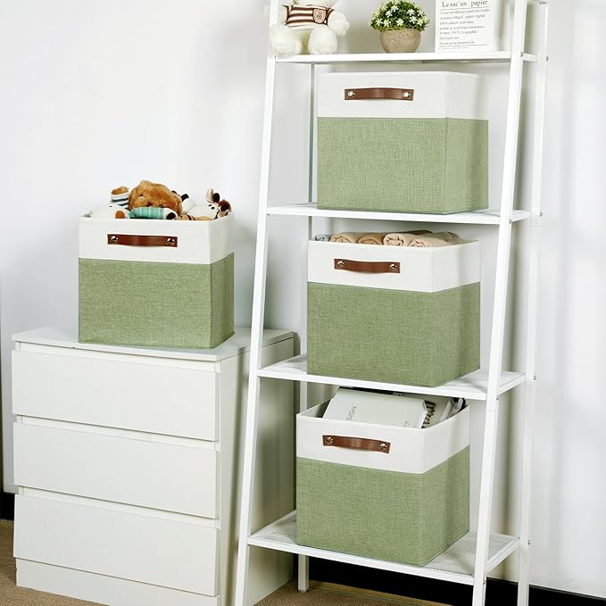 Temary 12 Inch Fabric Storage Cubes Storage Bins with Leather Handles, 4 Pack Cube Baskets Bins for Organizing Closet, Foldab