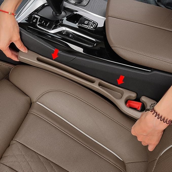 Car Seats Gap Filler Dual-Slot Car Seat Gap Organizer – with Belt Slot, Anti-Drop Gap Filler for Cars & SUVs – No More Lost Items, All Within Reach (2PCS) (Brown)