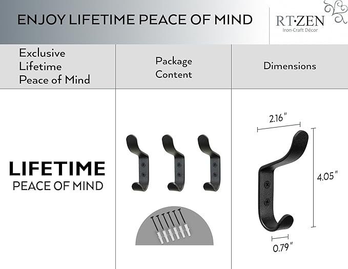 RTZEN Wall Mount Hook Set - Wrought Iron Decorative Rustic Metal Coat Hooks for Hanging - Handcrafted Classic Farmhouse Wall 