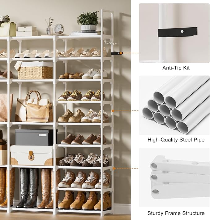 WOWLIVE 4 Row 10 Tiers Extra Large Shoe Rack Big Tall Metal Shoe Shelf, Heavy Duty Organizer for Closet Entryway, Boot Rack S