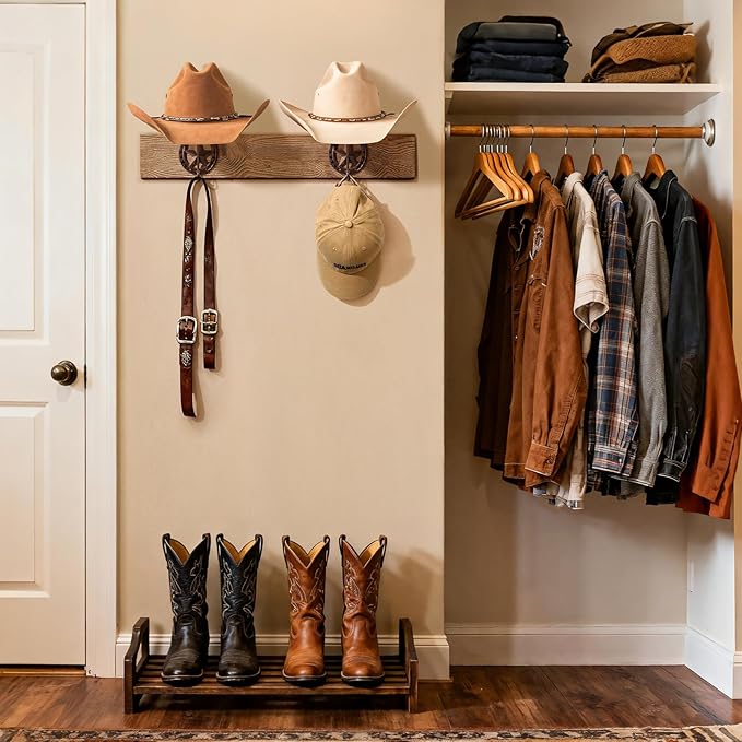 Cowboy Hat Rack for Wall Rustic Metal Cowboy Hat Holder 2 Pack Hat Hanger Western Wall Decor Horseshoe Hooks Storage Display 