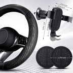 CAR PASS Leather Rubber Steering Wheel Covers Set,Heavy Duty Steering Wheel Covers&Mobile Phone Holder, Tire Tread Pattern Design,Non-Slip Wear-Resistant,Suitable for Steering Wheel 14 1/2”-15”Black