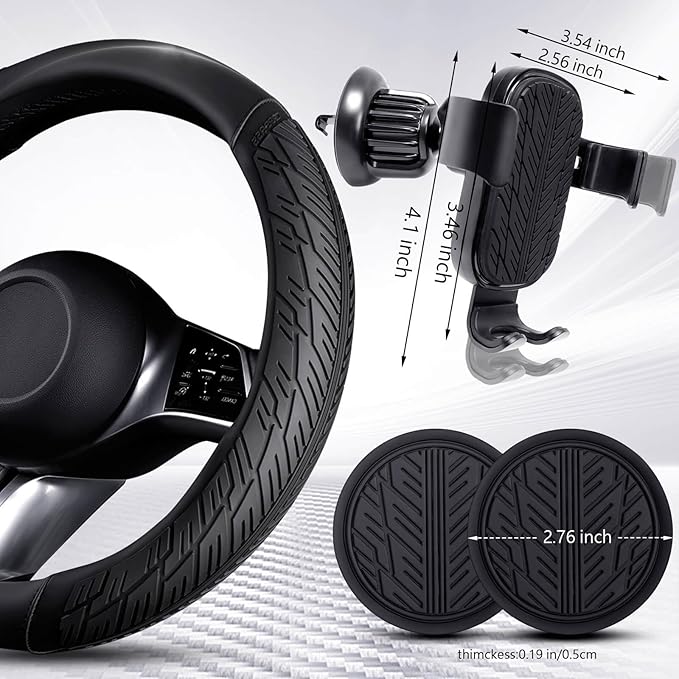 CAR PASS Leather Rubber Steering Wheel Covers Set,Heavy Duty Steering Wheel Covers&Mobile Phone Holder, Tire Tread Pattern Design,Non-Slip Wear-Resistant,Suitable for Steering Wheel 14 1/2”-15”Black