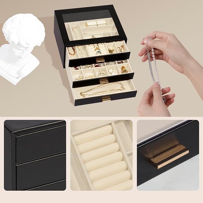 Jewelry Box with Glass Lid, 3-Layer Jewelry Organizer for Women Girls, PU Leather Display Case with 20-Grid Earring Tray & Mo