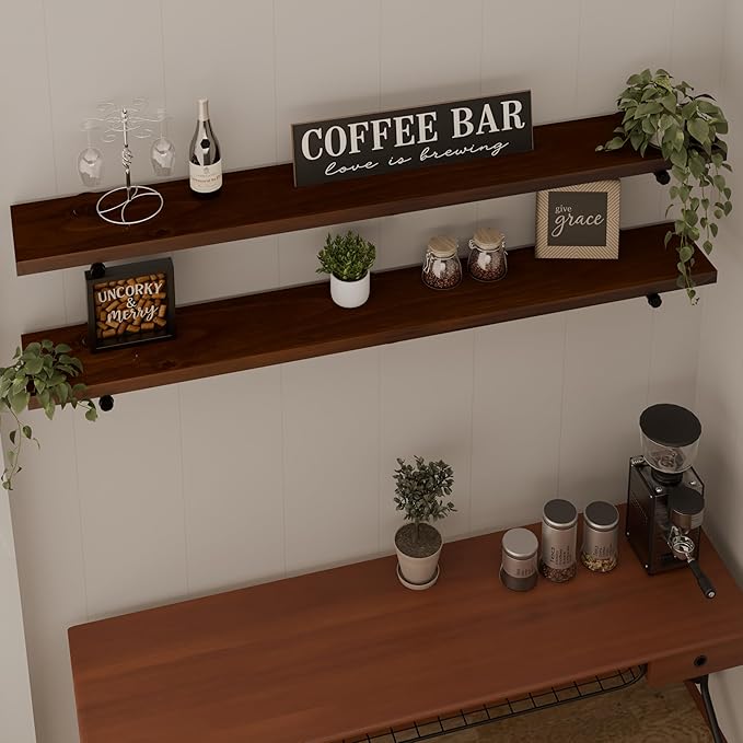 Industrial Pipe Wall Wood Shelves,Real Wooden Shelves 48" in Walnut Color with 1.2" Extra Thickness, Modern Floating Shevles