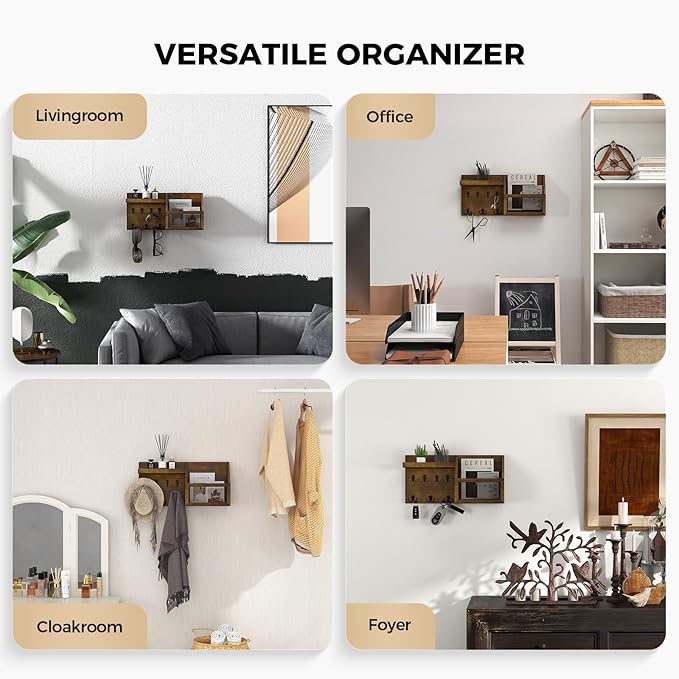 LubanNese Key Holder Wall Mount Pine Wood 16 X 8 Mail Organizer Key Rack for Wall with Hooks and Shelf, Rustic Wooden Key Han