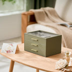 Jewelry Box Organizer Case for Women: 3-Layer Jewelry Storage Case with Glass Window, Olive Green Leather with Cream Velvet, 