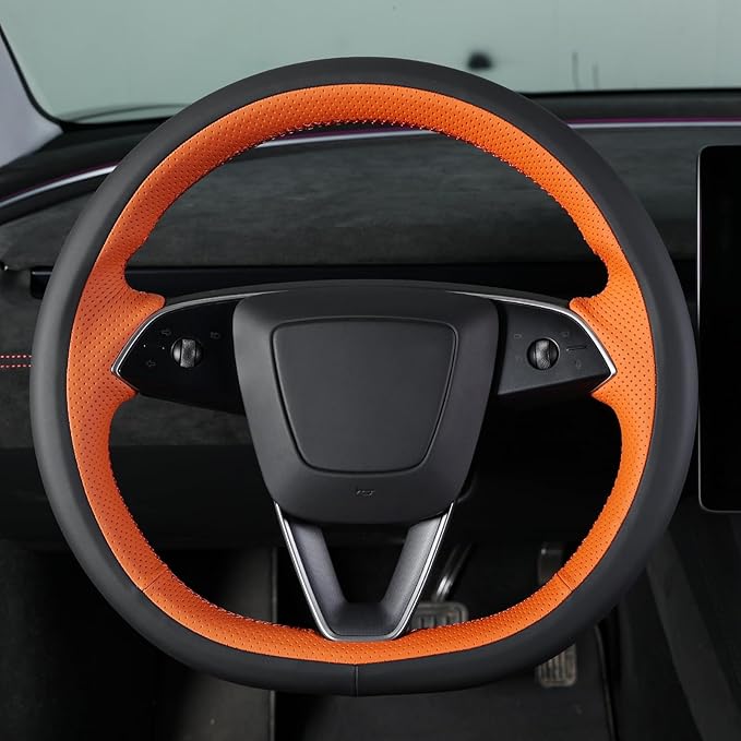MEWANT DIY Stitching Real Leather Steering Wheel Cover Wrap for Tesla Model 3 Highland 2023-2025/Model Y 2025 Highland for Tesla Model 3/Model Y Accessories(3D Style)
