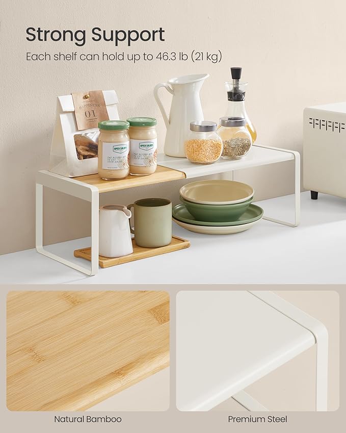 SONGMICS HOME Spice Racks, Expandable Cupboard Shelf Orgnizers, Kitchen Counter Shelves, Bamboo and Metal, Space-Saving Shelv