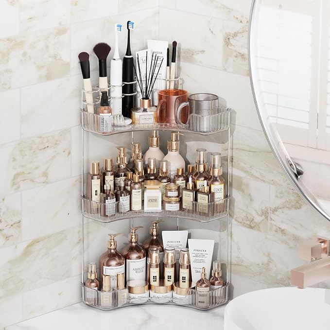 Asayuee 3-Tier Corner Bathroom Counter Organizer with Top Toothbrush Holders,Large Makeup Organizer Countertop with Brush Hol