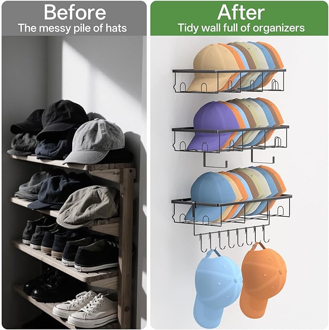 DTUQYX 3 Pack Hat Rack for Wall - Hat Organizer for Baseball Caps Wall Mounted Space Saving Hat Shelf for Hats, Caps, Scarves