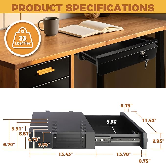 POPMOON 14 in Deep Under Desk Drawer,Pull Out Storage Organizer with Lock and Keys,Adjustable Height, Metal Storage Drawer wi