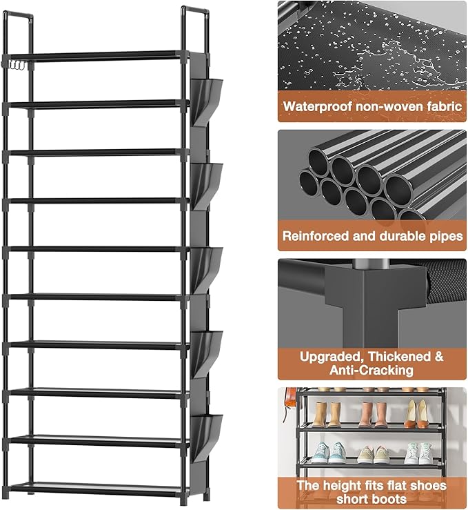 LUKYTOWER Tall Shoe Rack - 10 Tier Shoe Organizer with Metal Shelf, 5 Hooks, Pocket & Sturdy Stand for Closet Shoes