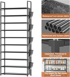 LUKYTOWER Tall Shoe Rack - 10 Tier Shoe Organizer with Metal Shelf, 5 Hooks, Pocket & Sturdy Stand for Closet Shoes