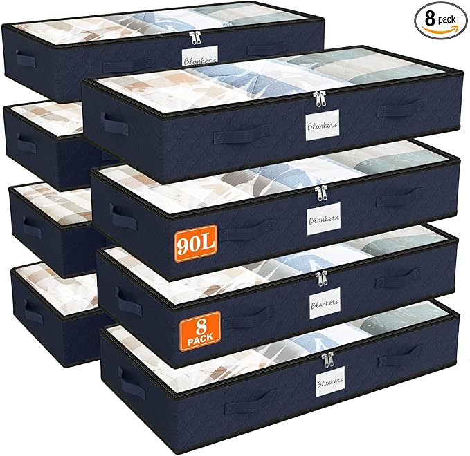 SpaceWhisper 90L Under Bed Storage Containers, 8-Pack Storage Bins with Clear Top, Foldable Closet Organizers and Storage wit